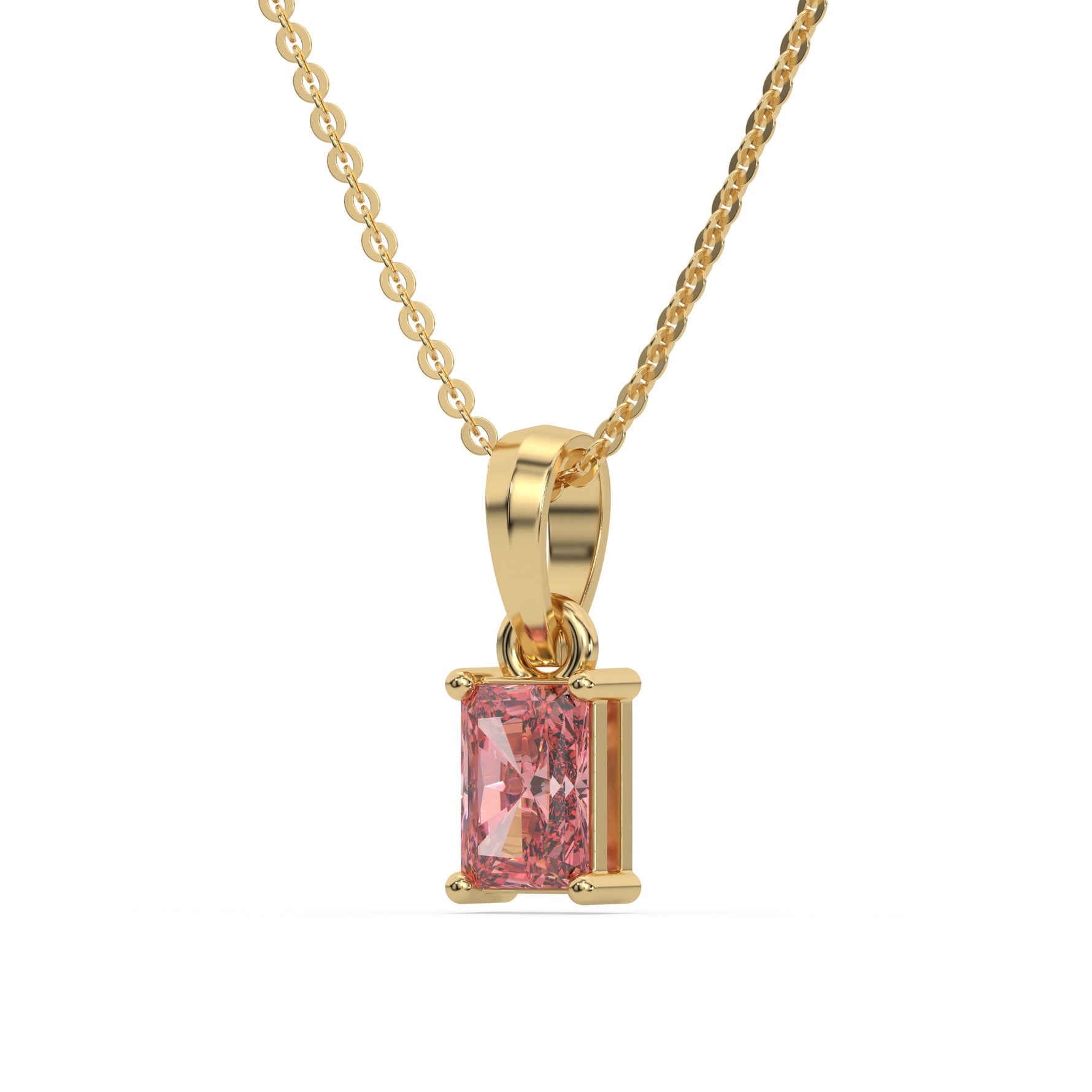 This yellow gold Fancy Pink Radiant Solitaire Diamond Necklace made with fancy radiant cut diamond in a four prong setting with adjustable chain in side view