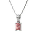 This white gold Fancy Pink Radiant Solitaire Diamond Necklace made with fancy radiant cut diamond in a four prong setting with adjustable chain in side view