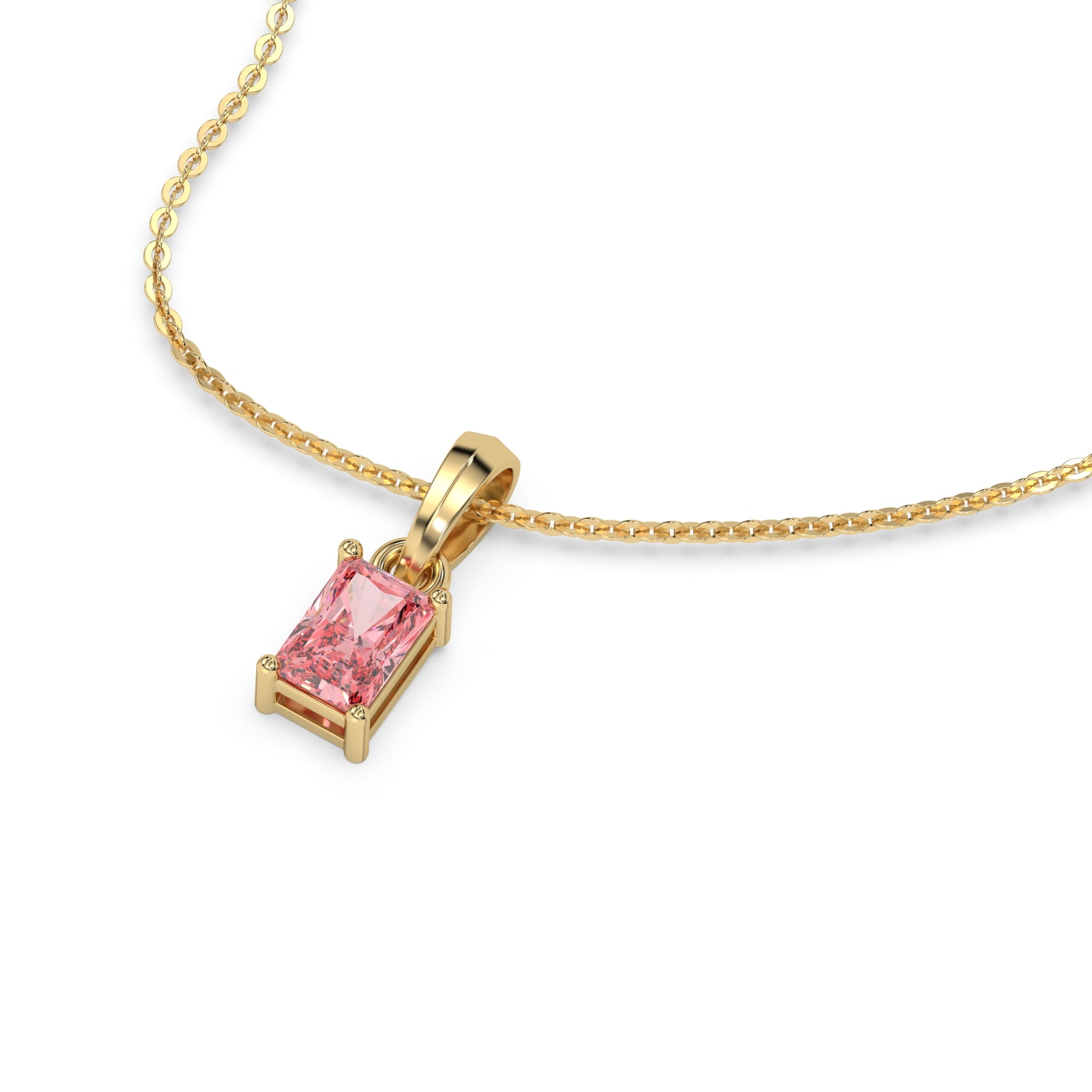 This yellow gold Fancy Pink Radiant Solitaire Diamond Necklace made with fancy radiant cut diamond in a four prong setting with adjustable chain in 3d view