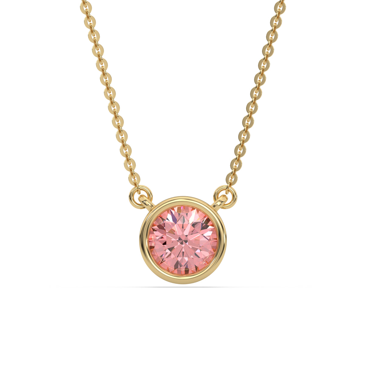 This yellow gold Fancy Pink Round Solitaire Diamond Necklace made with a fancy Pink round brilliant-cut diamond in bezel setting with adjustable chain in top view