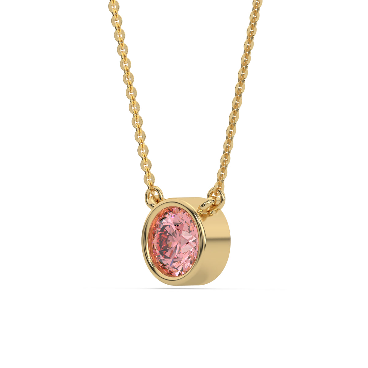 This yellow gold Fancy Pink Round Solitaire Diamond Necklace made with a fancy Pink round brilliant-cut diamond in bezel setting with adjustable chain in side view