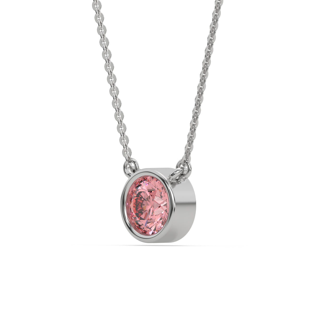 This white gold Fancy Pink Round Solitaire Diamond Necklace made with a fancy Pink round brilliant-cut diamond in bezel setting with adjustable chain in side view