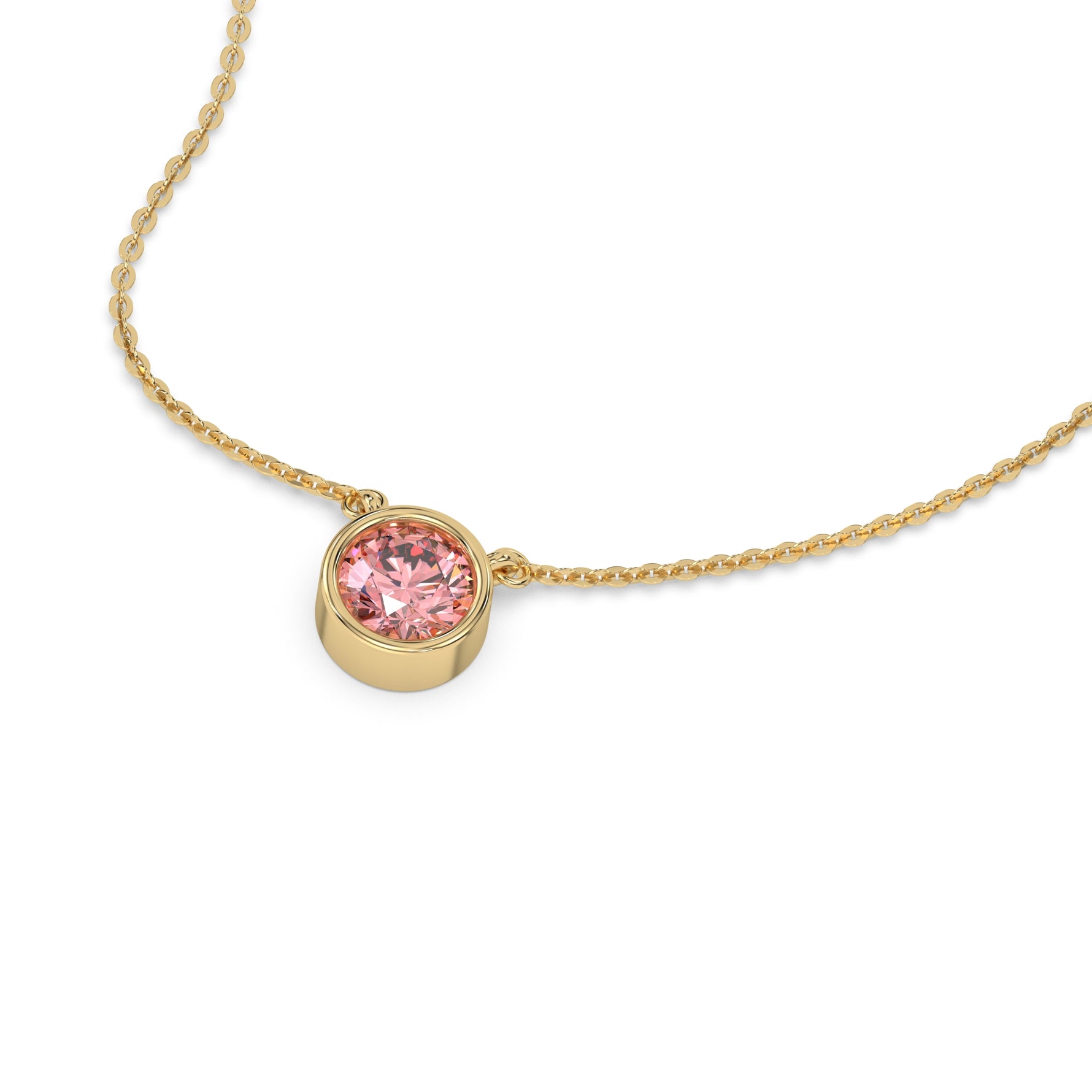 This yellow gold Fancy Pink Round Solitaire Diamond Necklace made with a fancy Pink round brilliant-cut diamond in bezel setting with adjustable chain in 3d view