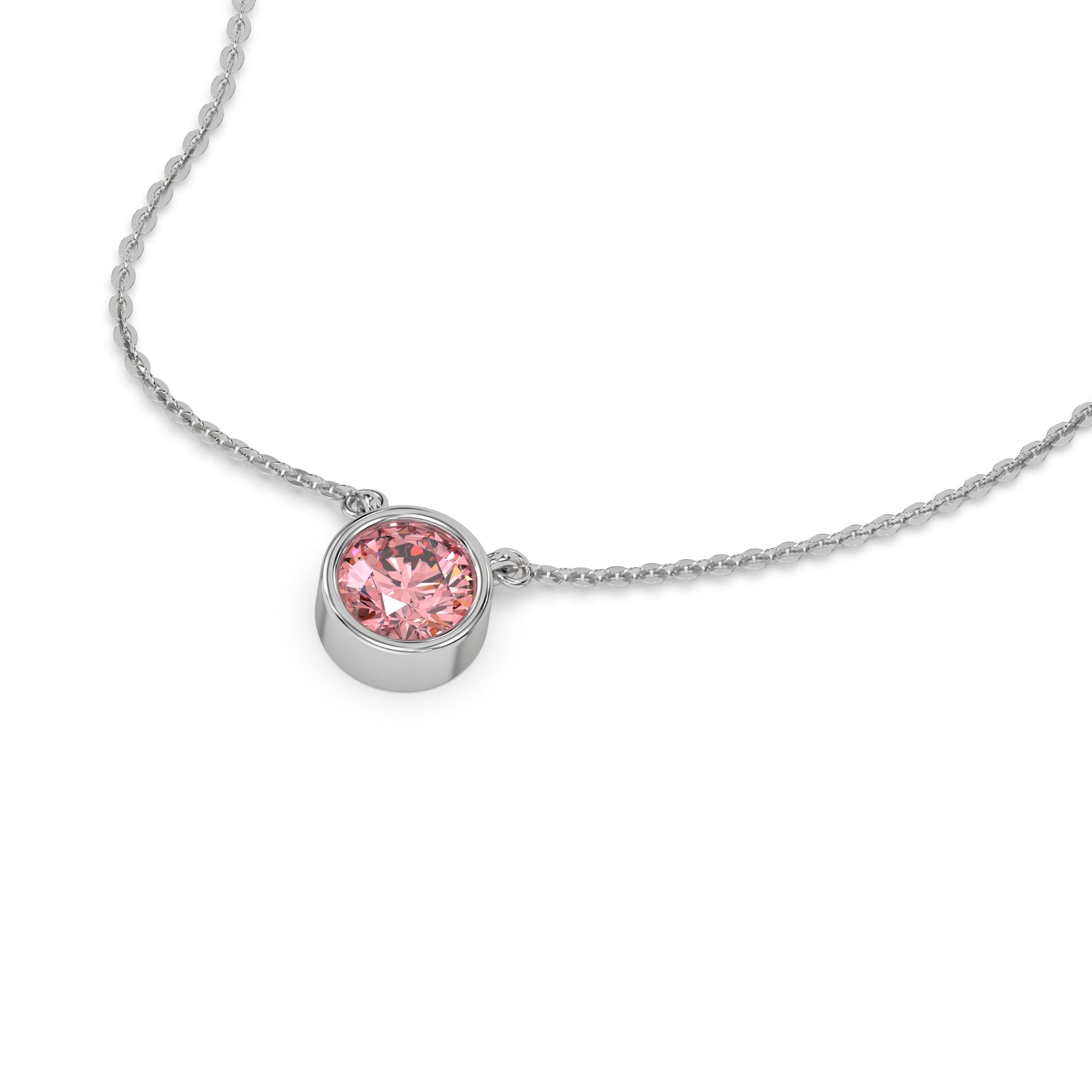 This white gold Fancy Pink Round Solitaire Diamond Necklace made with a fancy Pink round brilliant-cut diamond in bezel setting with adjustable chain in 3d view