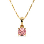 This yellow gold Fancy Pink Round Solitaire Diamond Necklace made with fancy Pink round brilliant-cut diamond in a four prong setting with adjustable chain in top view