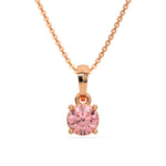 This rose gold Fancy Pink Round Solitaire Diamond Necklace made with fancy Pink round brilliant-cut diamond in a four prong setting with adjustable chain in top view