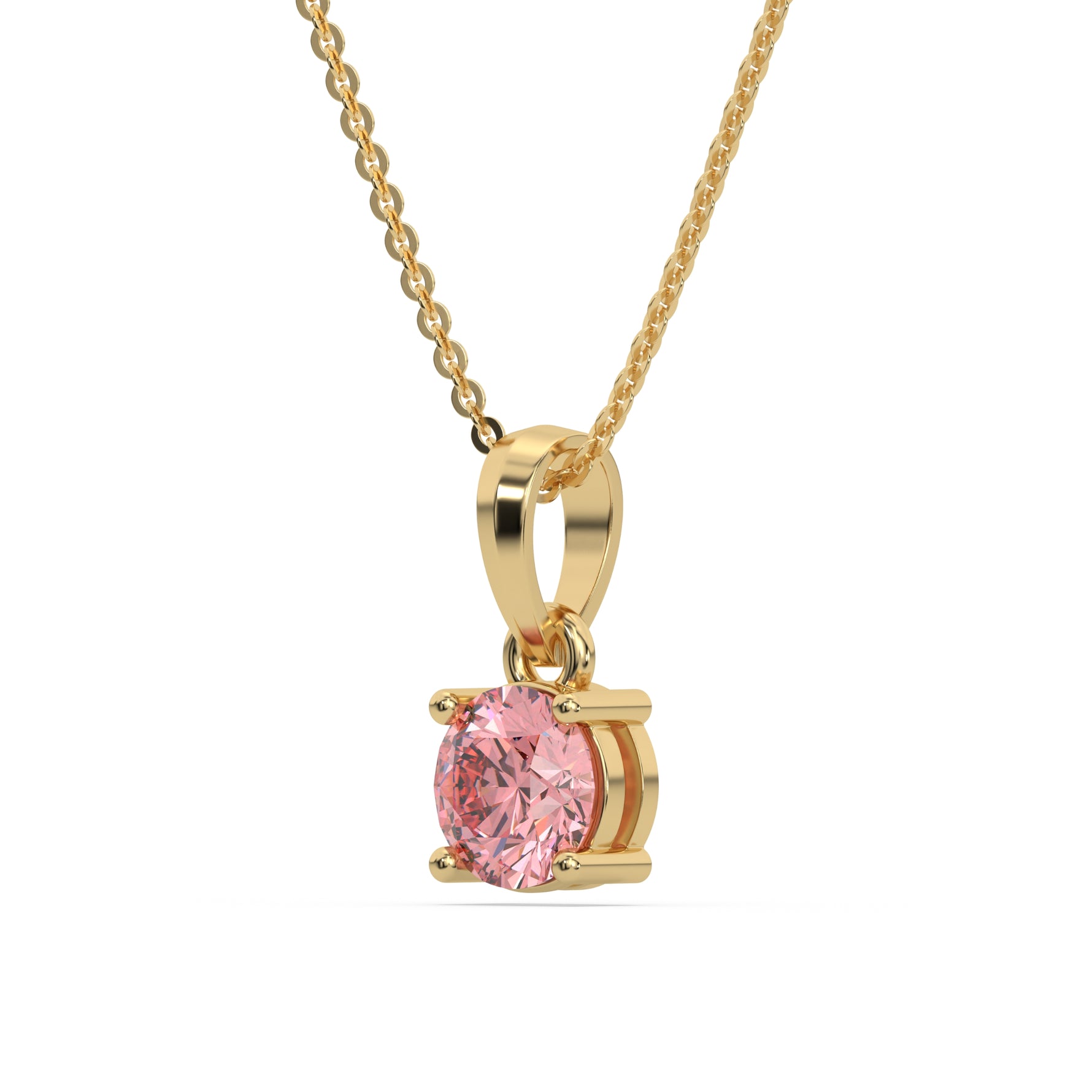 This yellow gold Fancy Pink Round Solitaire Diamond Necklace made with fancy Pink round brilliant-cut diamond in a four prong setting with adjustable chain in side view