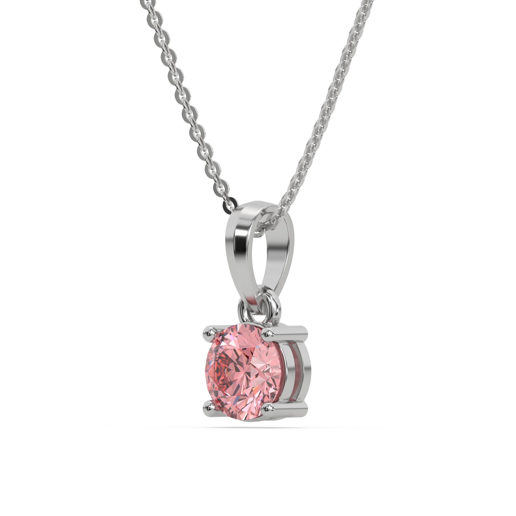 This white gold Fancy Pink Round Solitaire Diamond Necklace made with fancy Pink round brilliant-cut diamond in a four prong setting with adjustable chain in side view