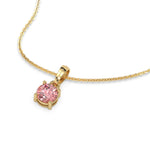 This yellow gold Fancy Pink Round Solitaire Diamond Necklace made with fancy Pink round brilliant-cut diamond in a four prong setting with adjustable chain in 3d view