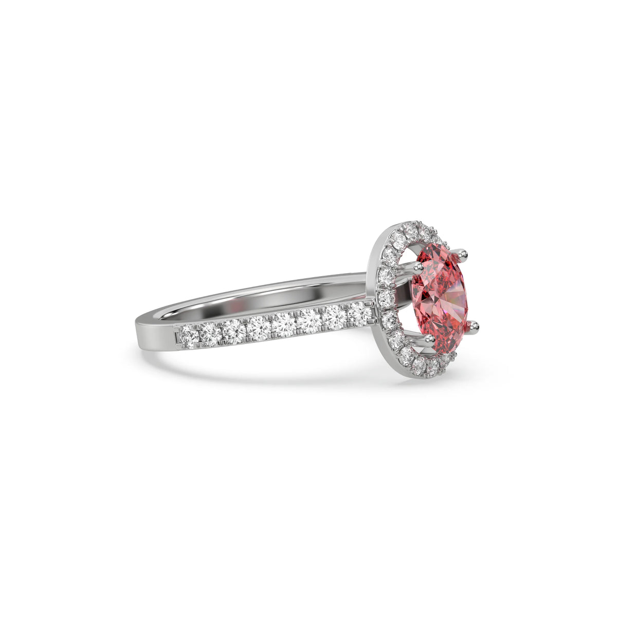 This white gold ring displayed in side view is made with a oval solitaire diamond set in four-prong setting