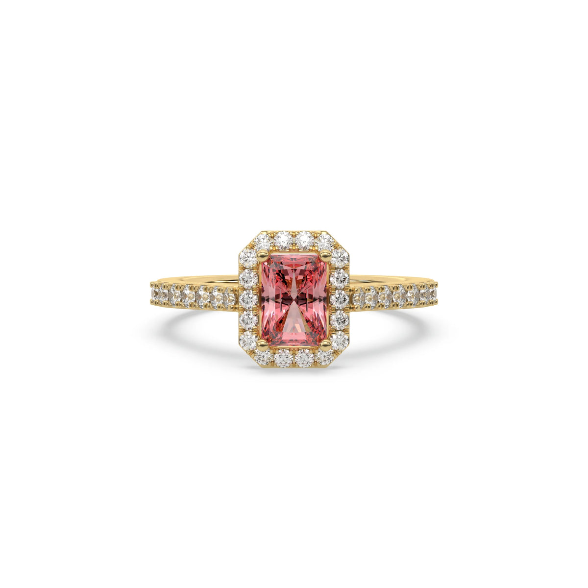 This yellow gold ring displayed in front view is made with a radiant solitaire diamond set in four-prong setting