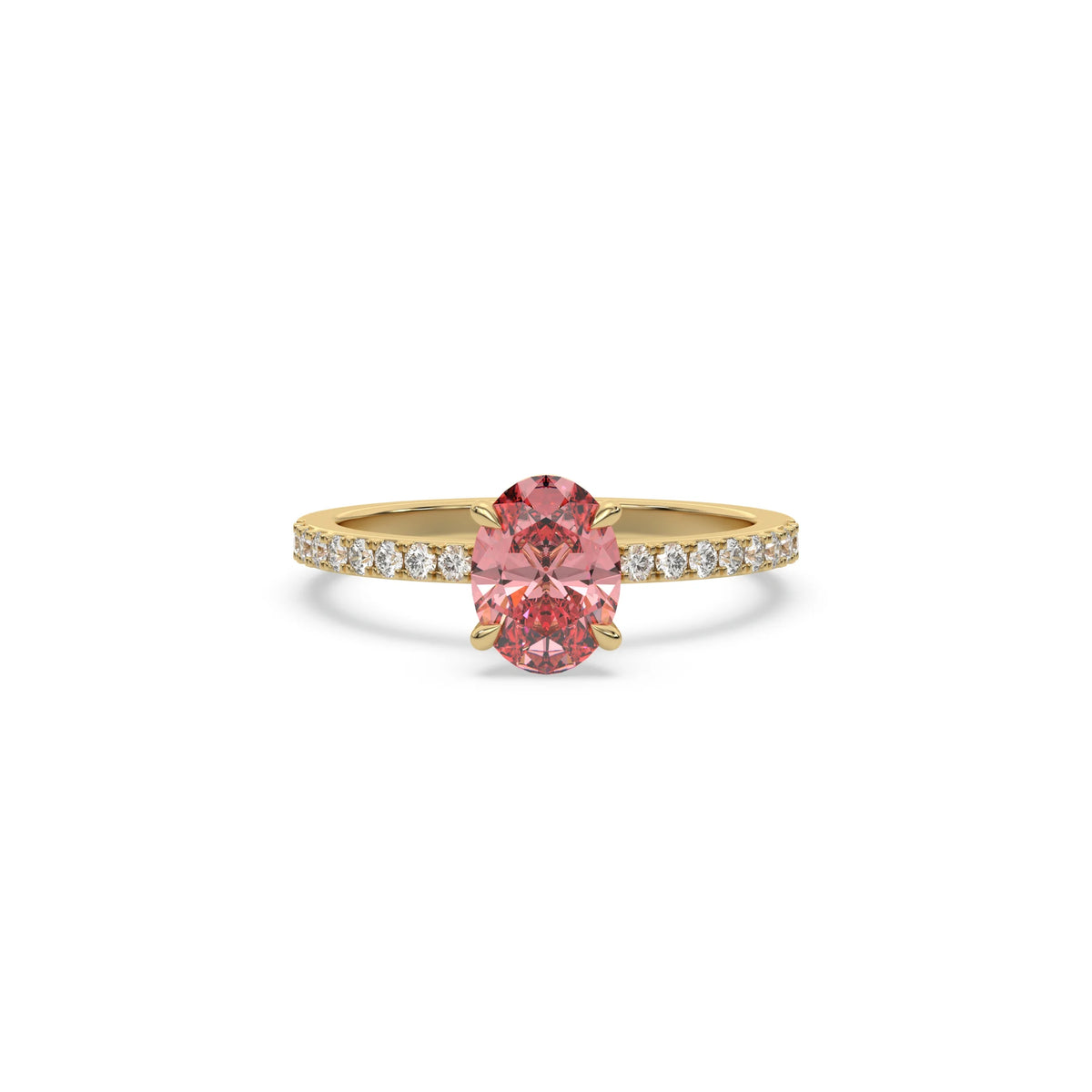 This yellow gold ring displayed in front view is made with a oval solitaire diamond set in four-prong setting