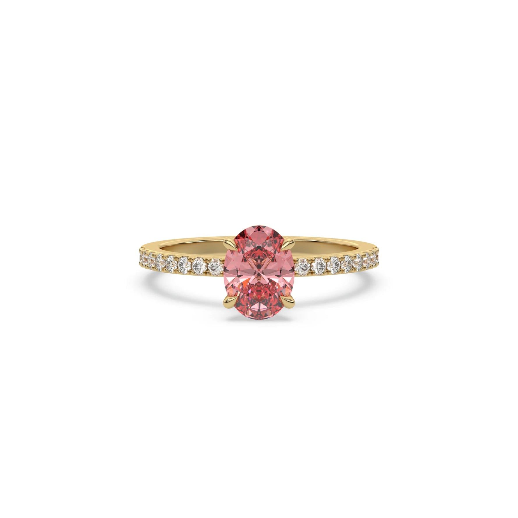 This yellow gold ring displayed in front view is made with a oval solitaire diamond set in four-prong setting