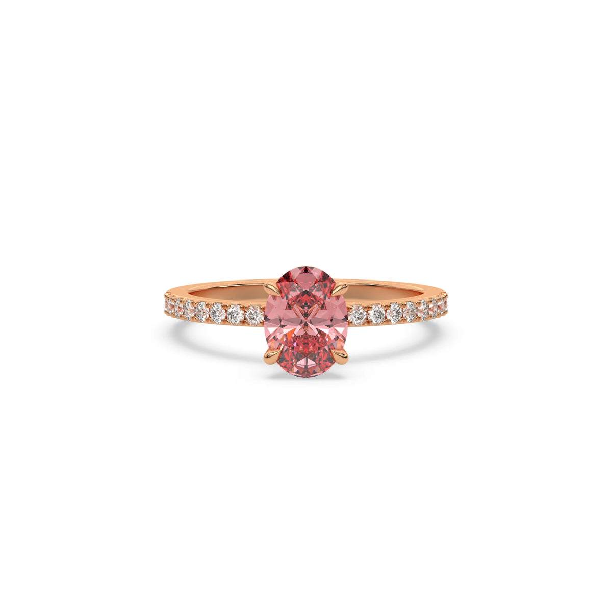 This rose gold ring displayed in front view is made with a oval solitaire diamond set in four-prong setting