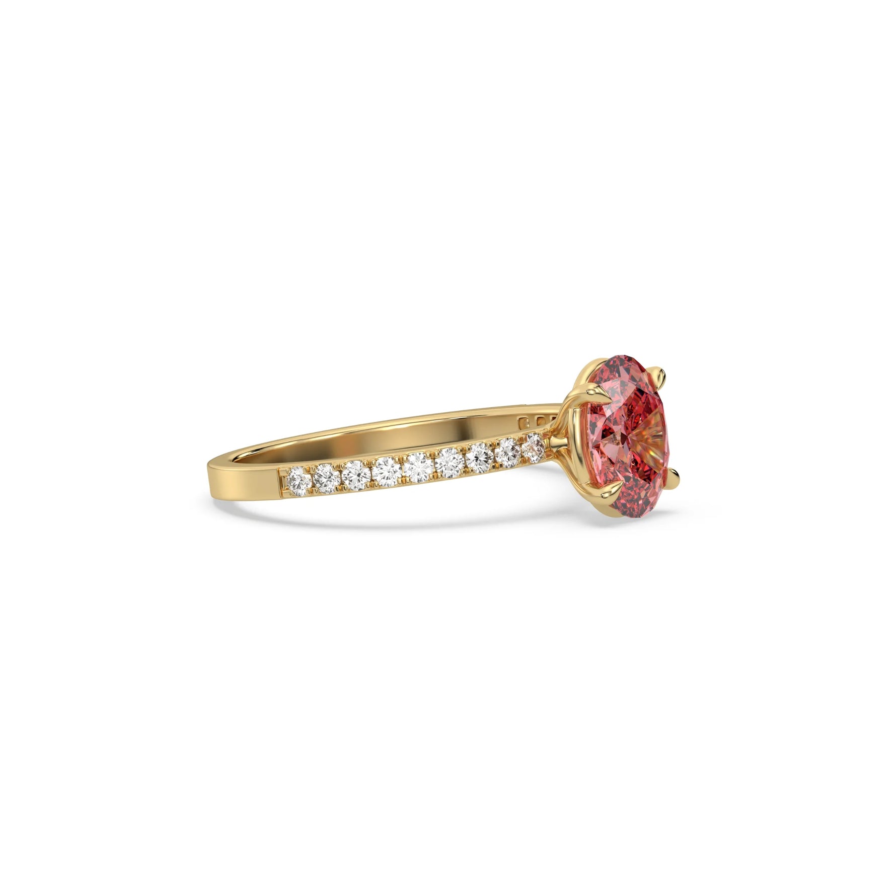 This yellow gold ring displayed in side view is made with a oval solitaire diamond set in four-prong setting