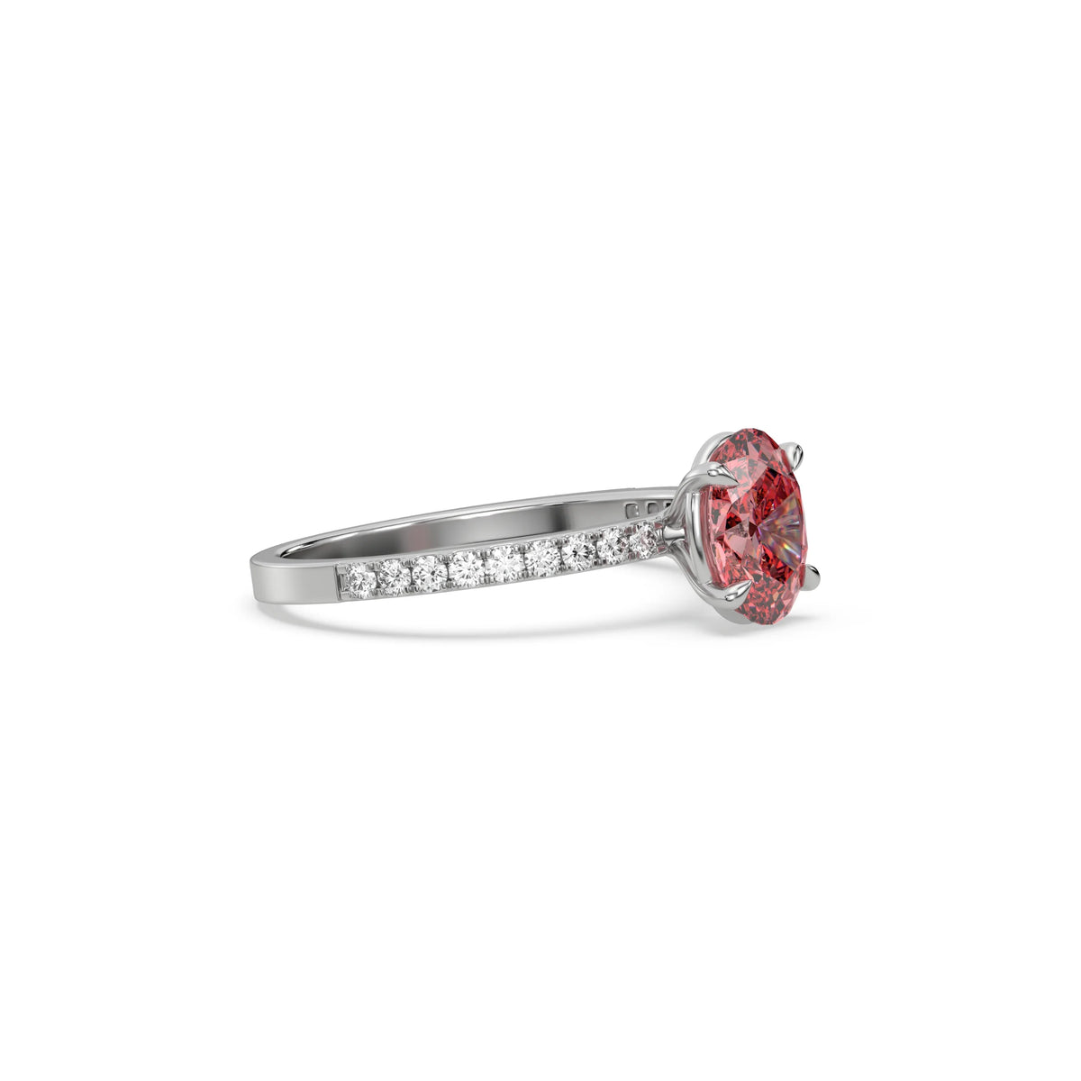 This white gold ring displayed in side view is made with a oval solitaire diamond set in four-prong setting