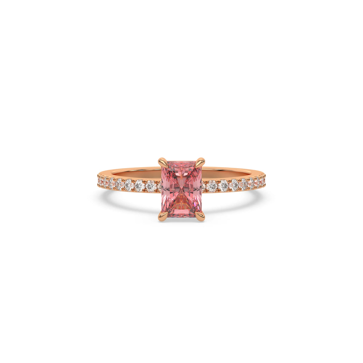 This rose gold ring displayed in front view is made with a radiant solitaire diamond set in four-prong setting