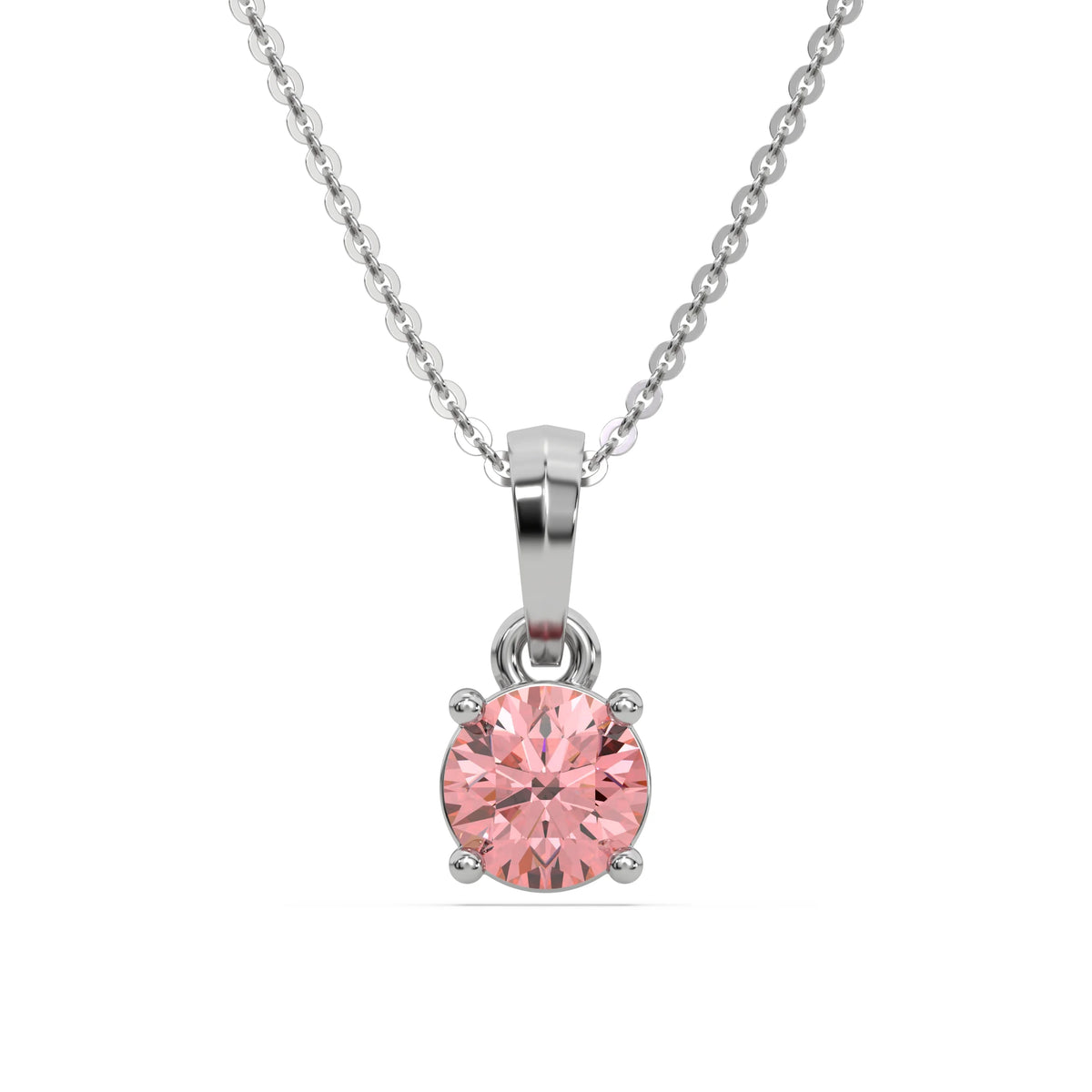 18K White Gold Fancy Pink Round Cut Diamond Solitaire Necklace