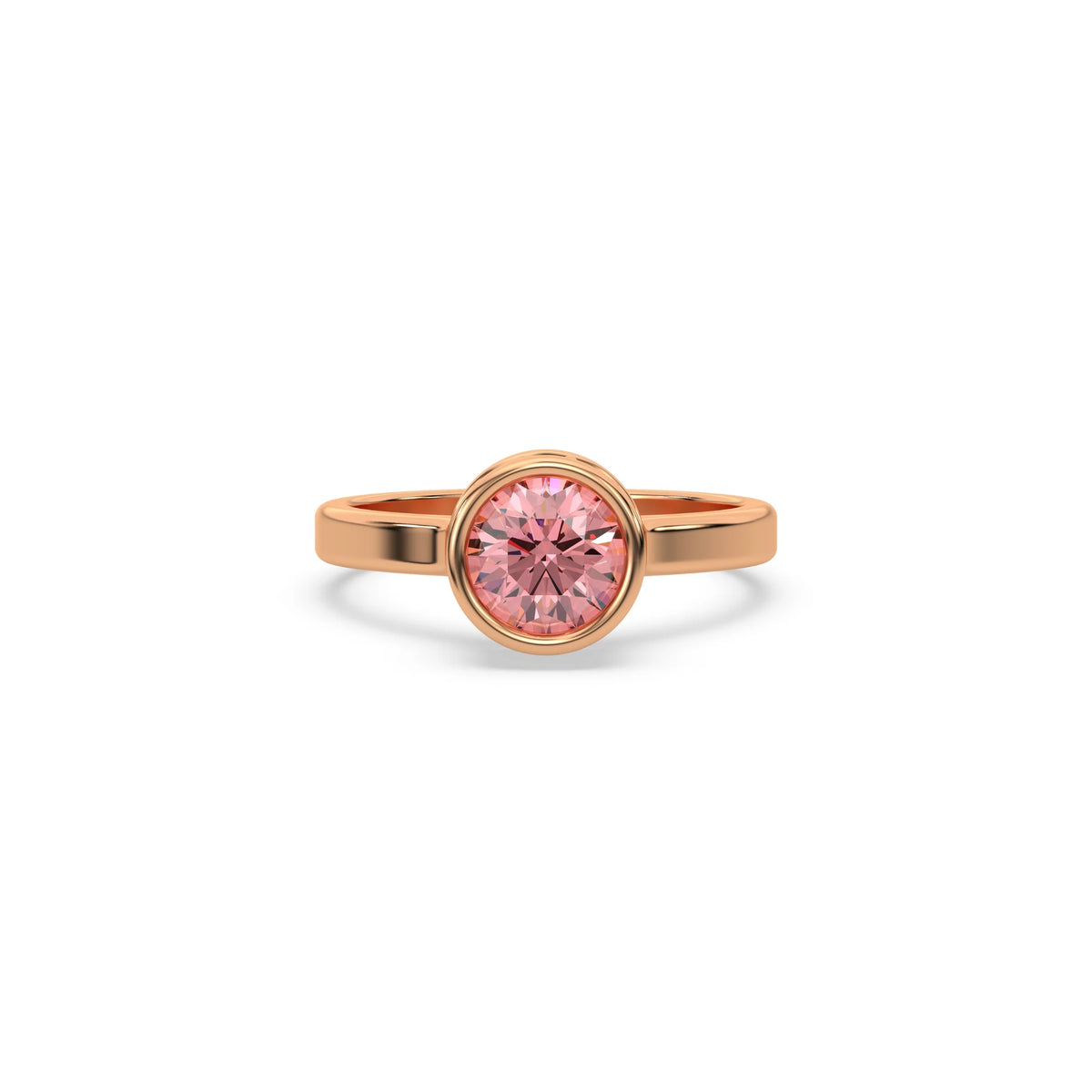 This rose gold ring displayed on front view is made with brilliant round solitaire diamond set in bezel setting