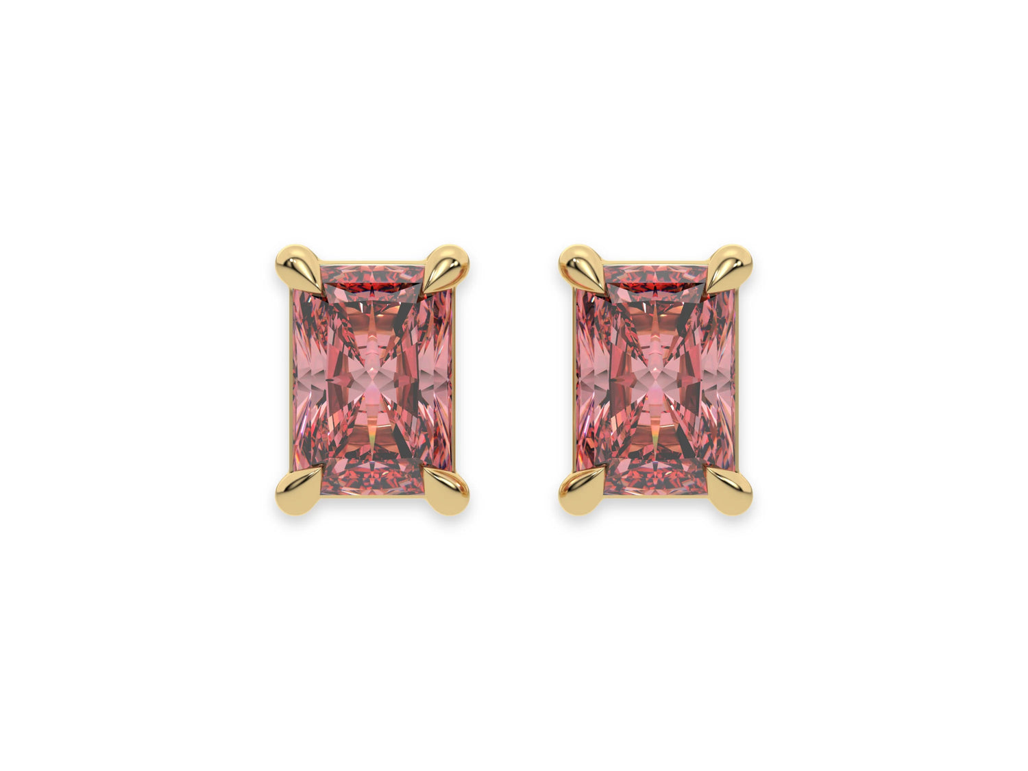 10k white gold Radiant Diamond Earrings made with a fancy pink radiant cut diamond set in a four prong setting