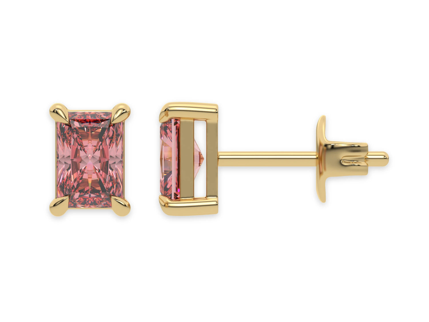 14k yellow gold Radiant Diamond Earrings made with a fancy pink radiant cut diamond set in a four prong setting