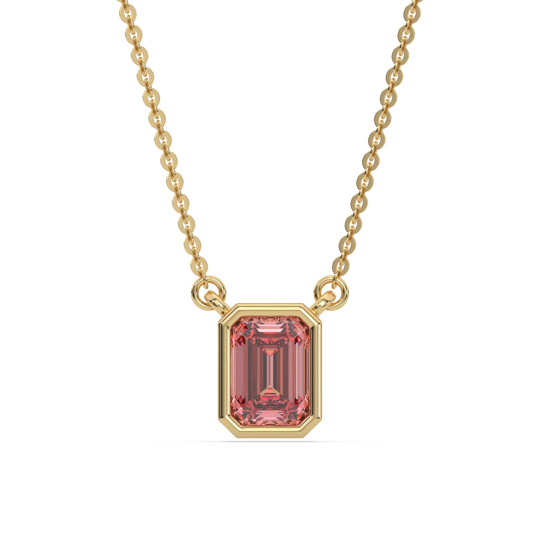 This yellow gold Fancy Pink Emerald Solitaire Diamond Necklace made with an fancy Pink emerald cut diamond in bezel setting with adjustable chain in top view