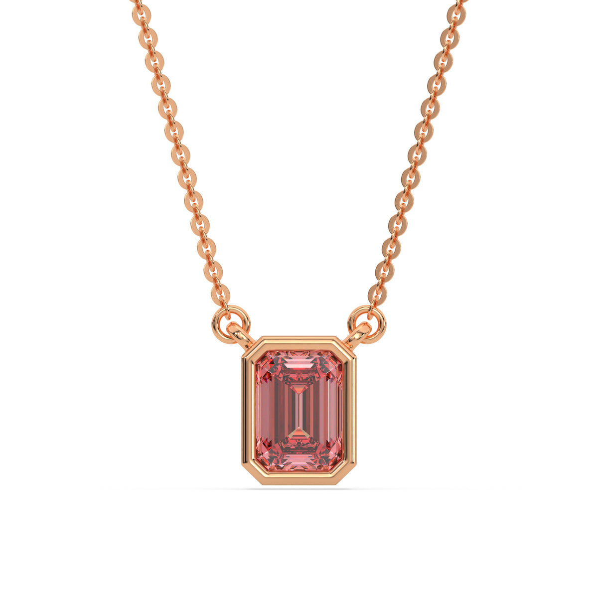 This rose gold Fancy Pink Emerald Solitaire Diamond Necklace made with an fancy Pink emerald cut diamond in bezel setting with adjustable chain in top view