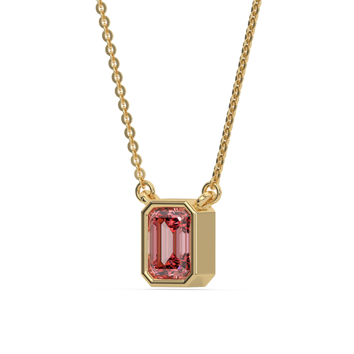 This yellow gold Fancy Pink Emerald Solitaire Diamond Necklace made with an fancy Pink emerald cut diamond in bezel setting with adjustable chain in side view