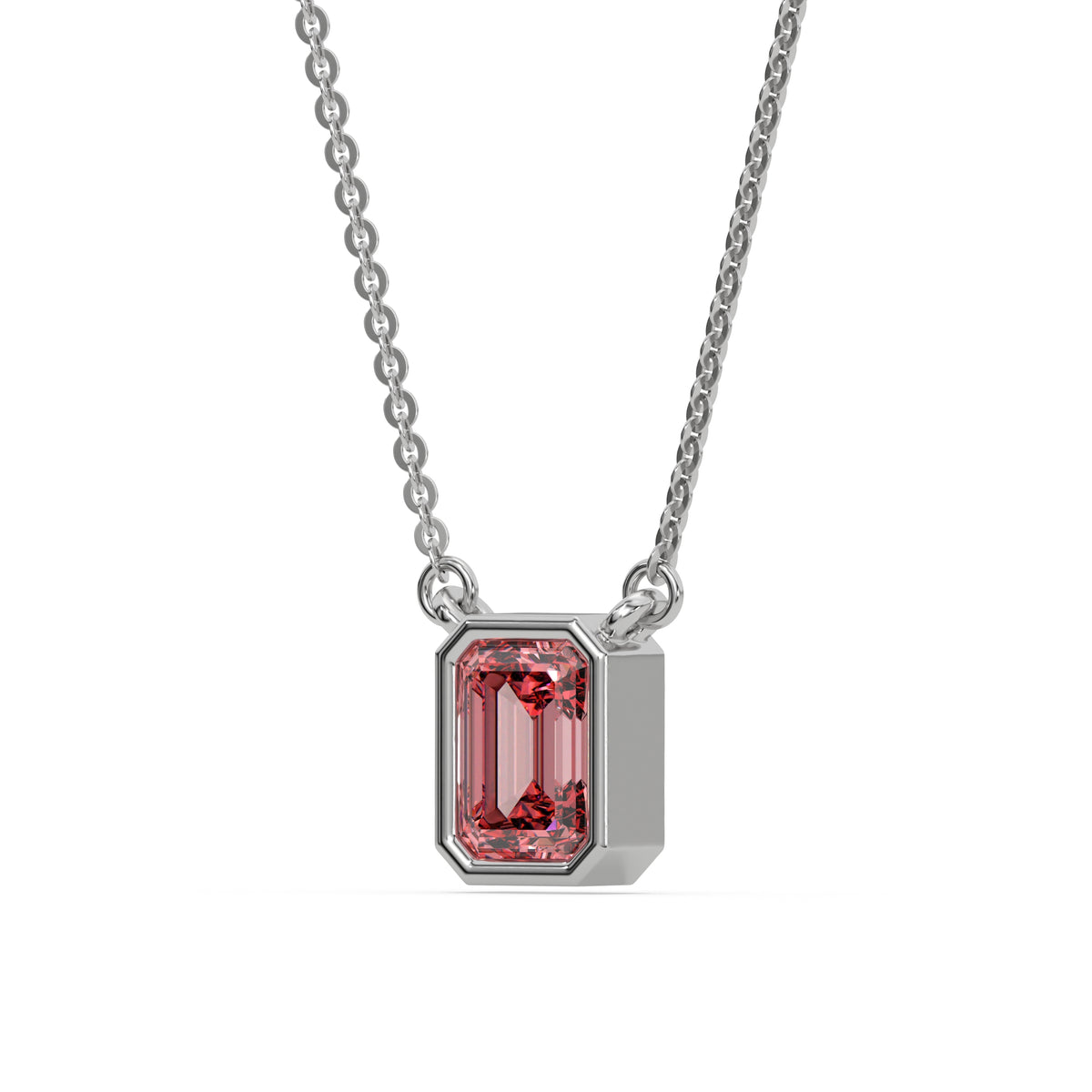 This white gold Fancy Pink Emerald Solitaire Diamond Necklace made with an fancy Pink emerald cut diamond in bezel setting with adjustable chain in side view