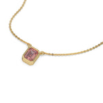 This yellow gold Fancy Pink Emerald Solitaire Diamond Necklace made with an fancy Pink emerald cut diamond in bezel setting with adjustable chain in 3d view