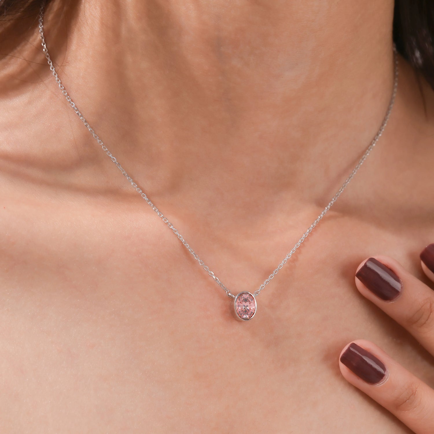 3 CT Fancy Pink Diamond Oval Bezel Solitaire Necklace