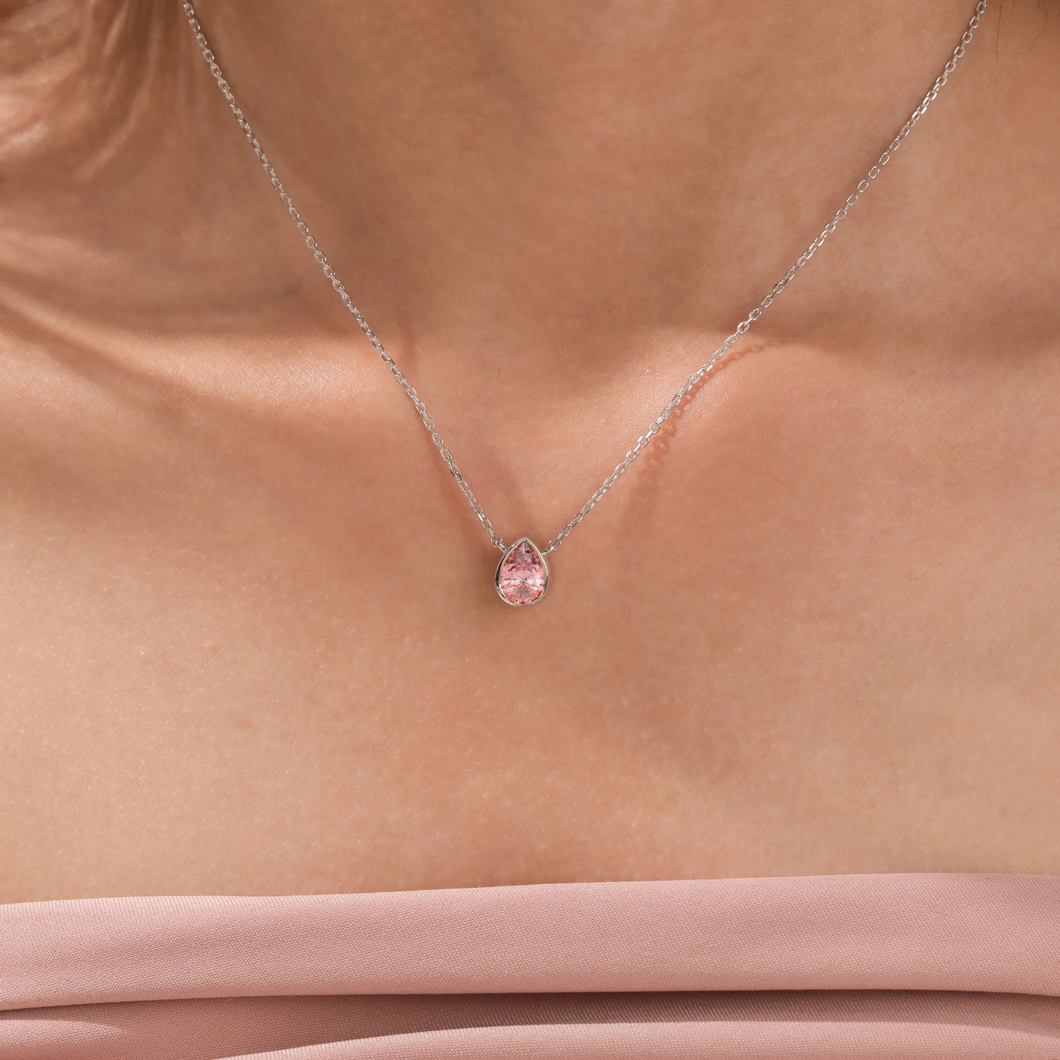 3 CT Fancy Pink Bezel Pear Solitaire Diamond Necklace