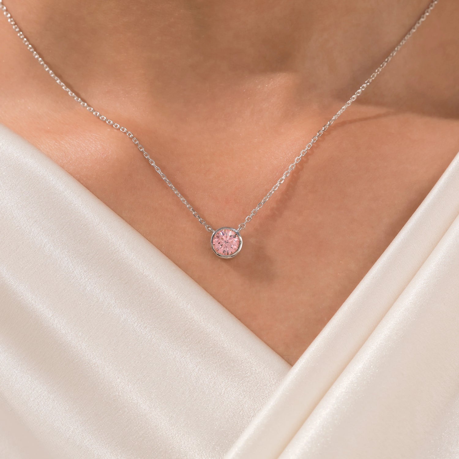 3 CT Fancy Pink Diamond Round Bezel Solitaire Necklace