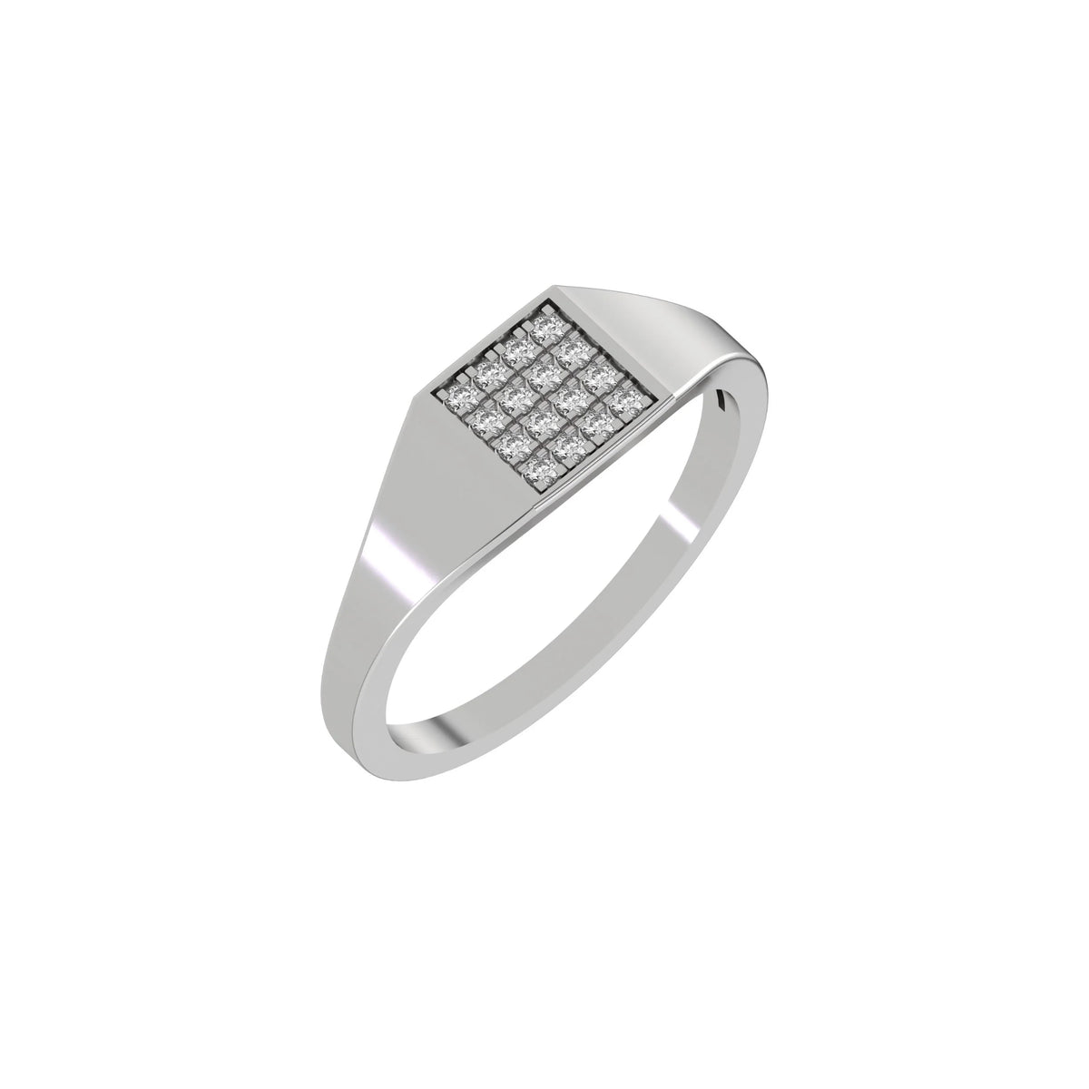 This white gold Signet Round Diamond Ring handmade with brilliant-cut round diamonds and set in a square shape in a micro pave setting in 3D view