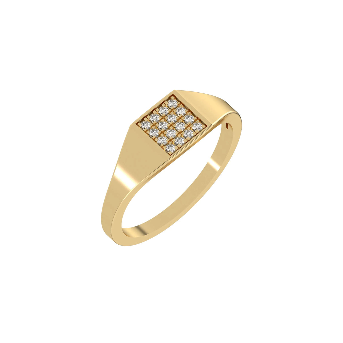 This yellow gold Signet Round Diamond Ring handmade with brilliant-cut round diamonds and set in a square shape in a micro pave setting in 3D view