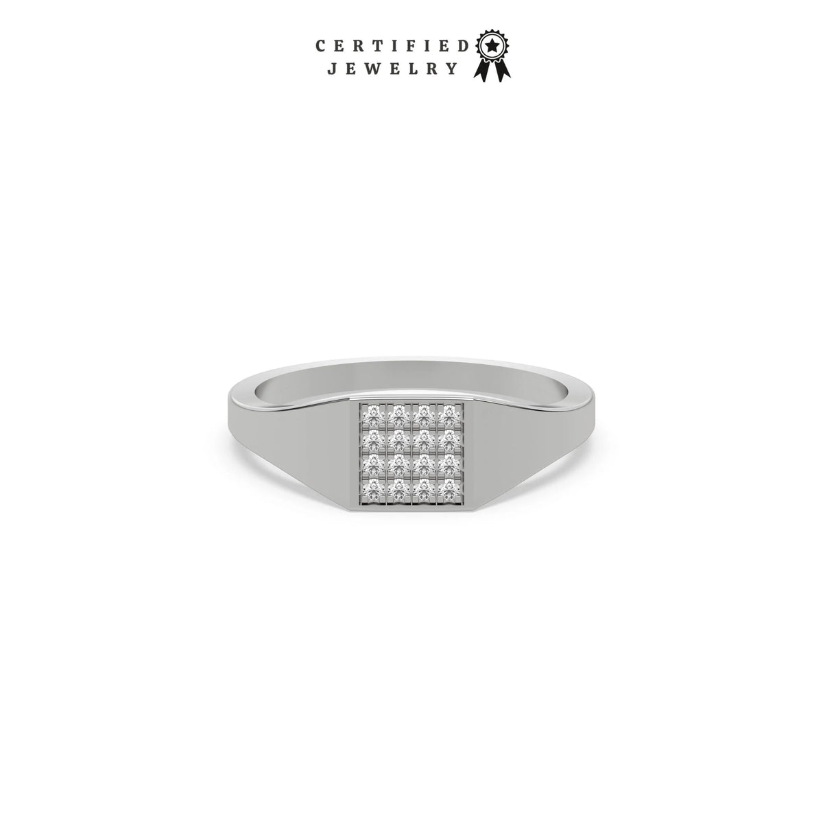 This white gold ring displayed in front view is made with brilliant-cut round diamonds and set in a square shape in a micro pave setting