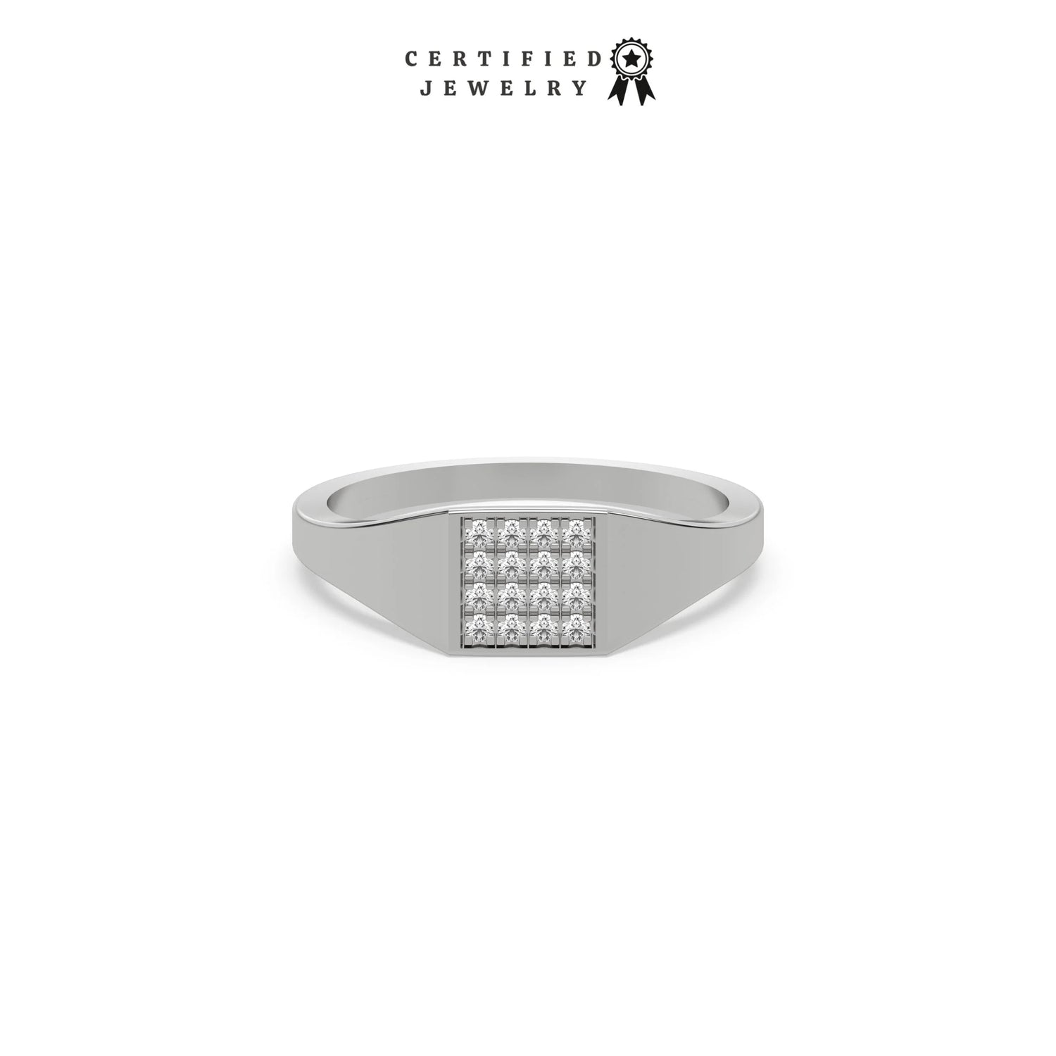 This white gold ring displayed in front view is made with brilliant-cut round diamonds and set in a square shape in a micro pave setting