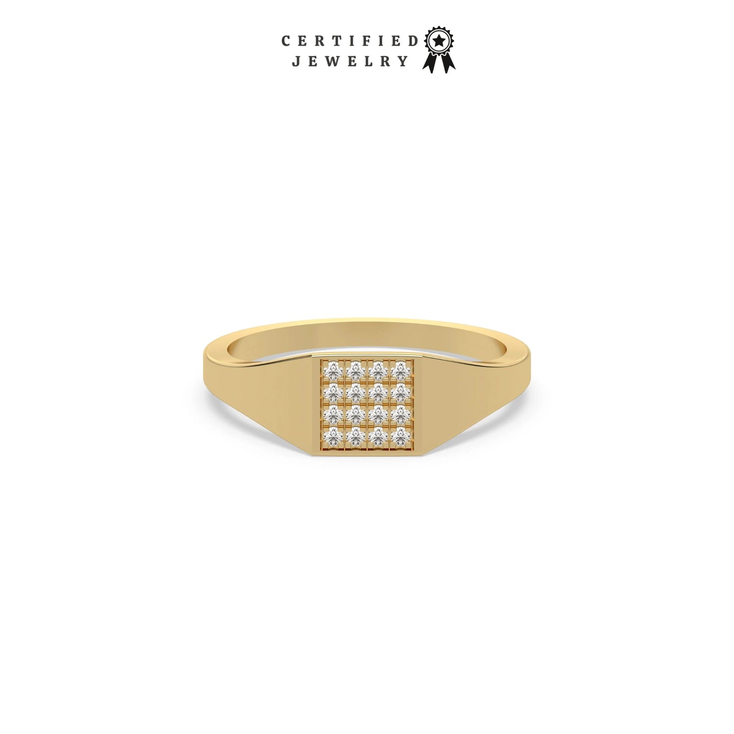 This yellow gold ring displayed in front view is made with brilliant-cut round diamonds and set in a square shape in a micro pave setting