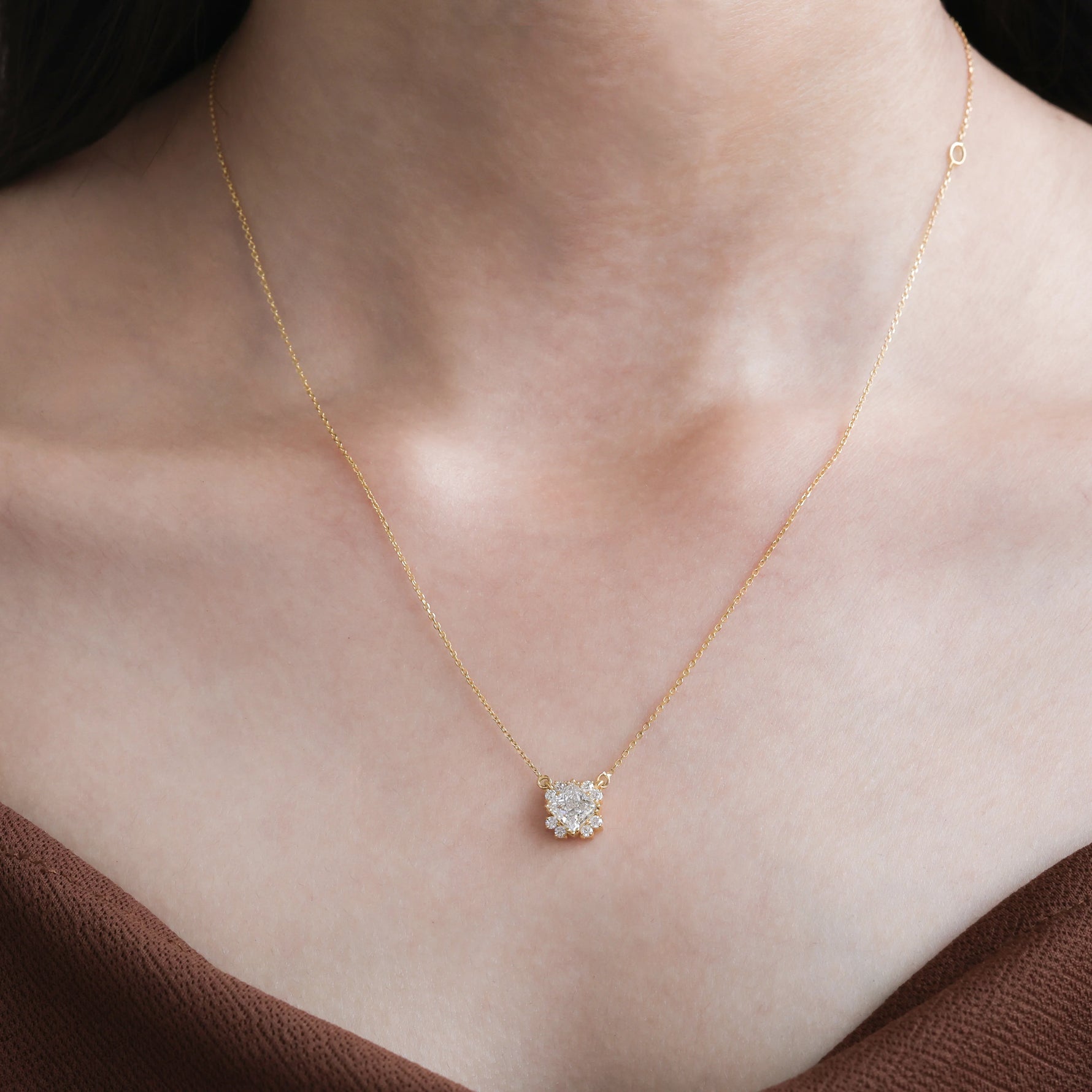 14K Yellow Gold Princess Diamond Cluster Necklace