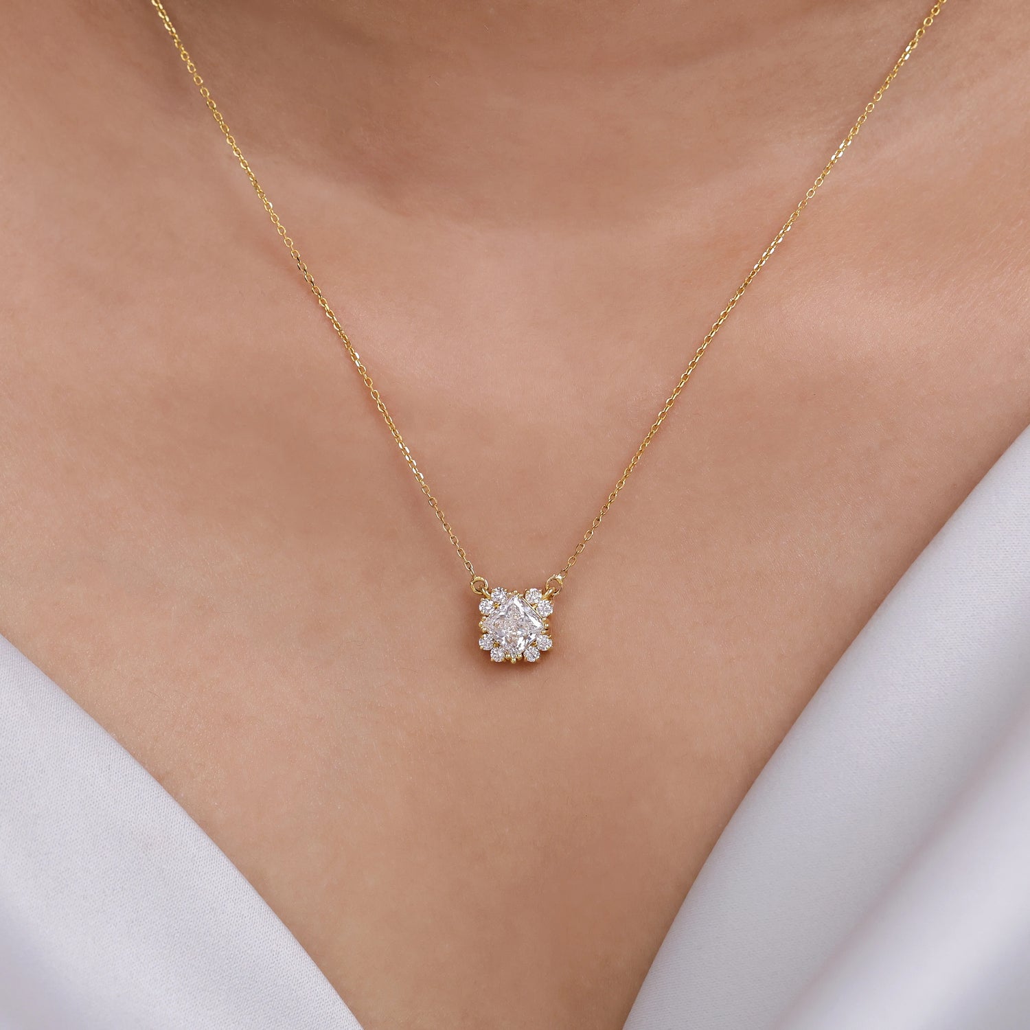 1.20 CT Natural Princess Diamond Halo Necklace