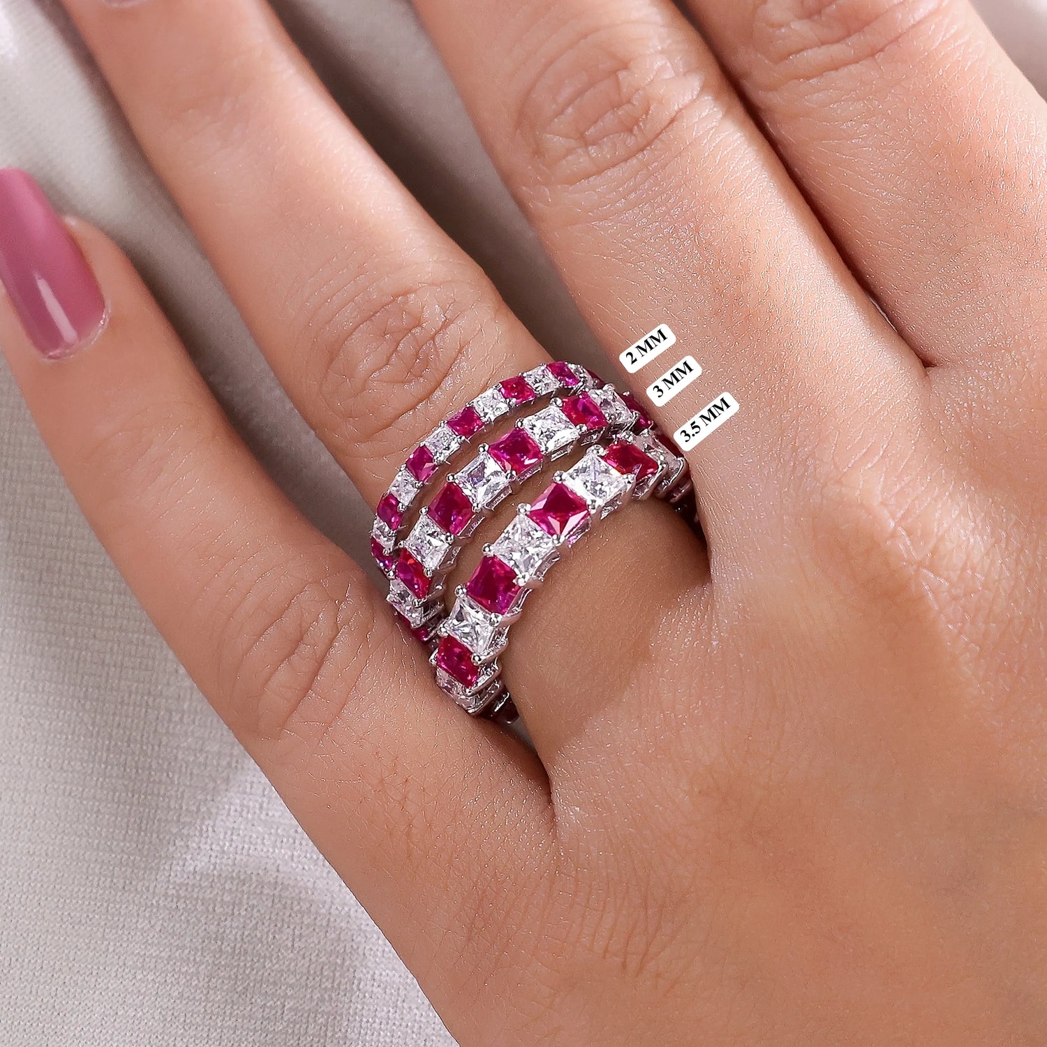 Princess Cut Lab Ruby and Lab Diamond Alternating Half Eternity Ring