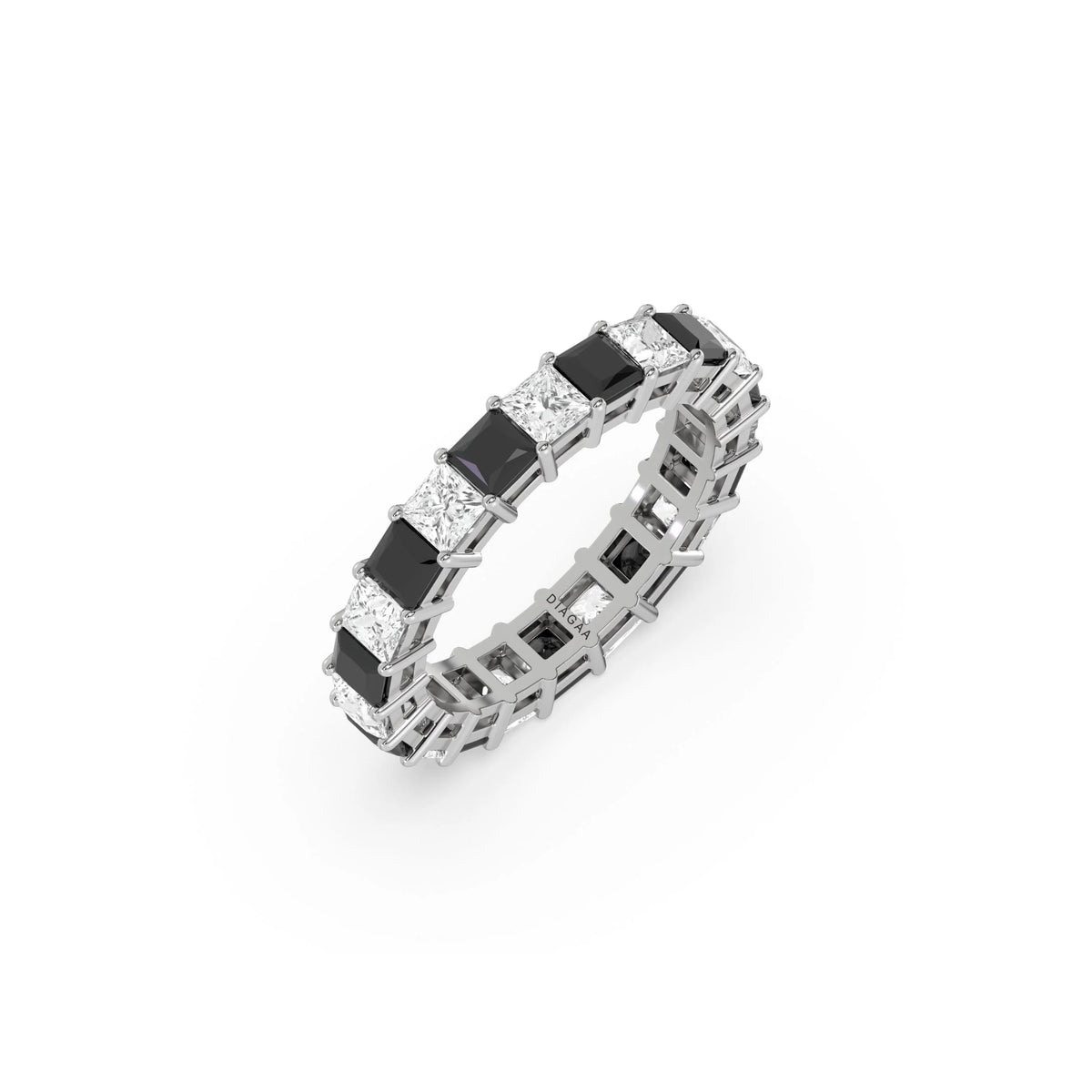 14K White Gold Prong Setting Black And White Princess Diamond Eternity Ring