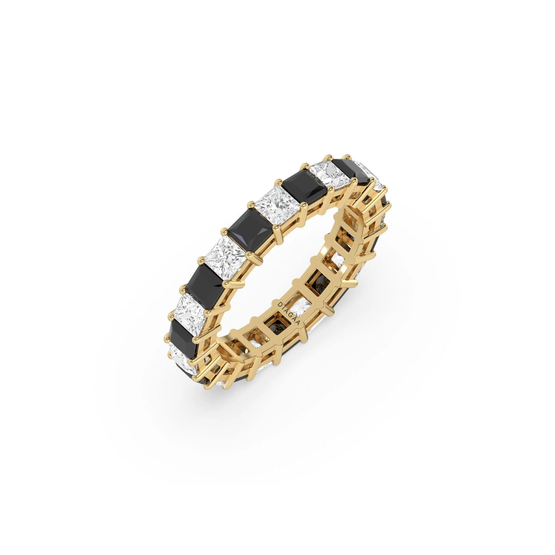 14K Yellow Gold Black And White Princess Diamond Full Eternity Ring