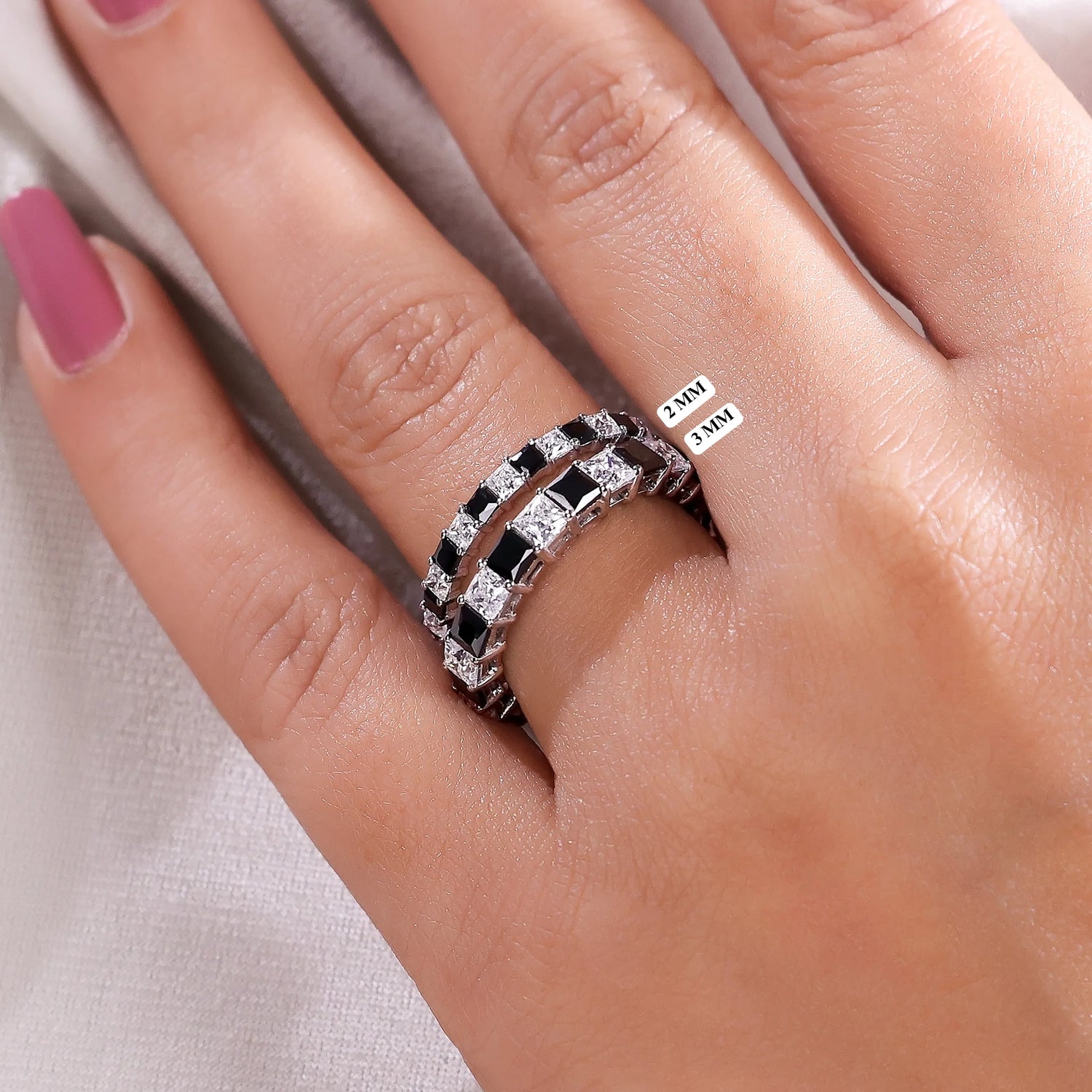 Princess natural Black and White Lab Diamond Alternating Eternity Bands