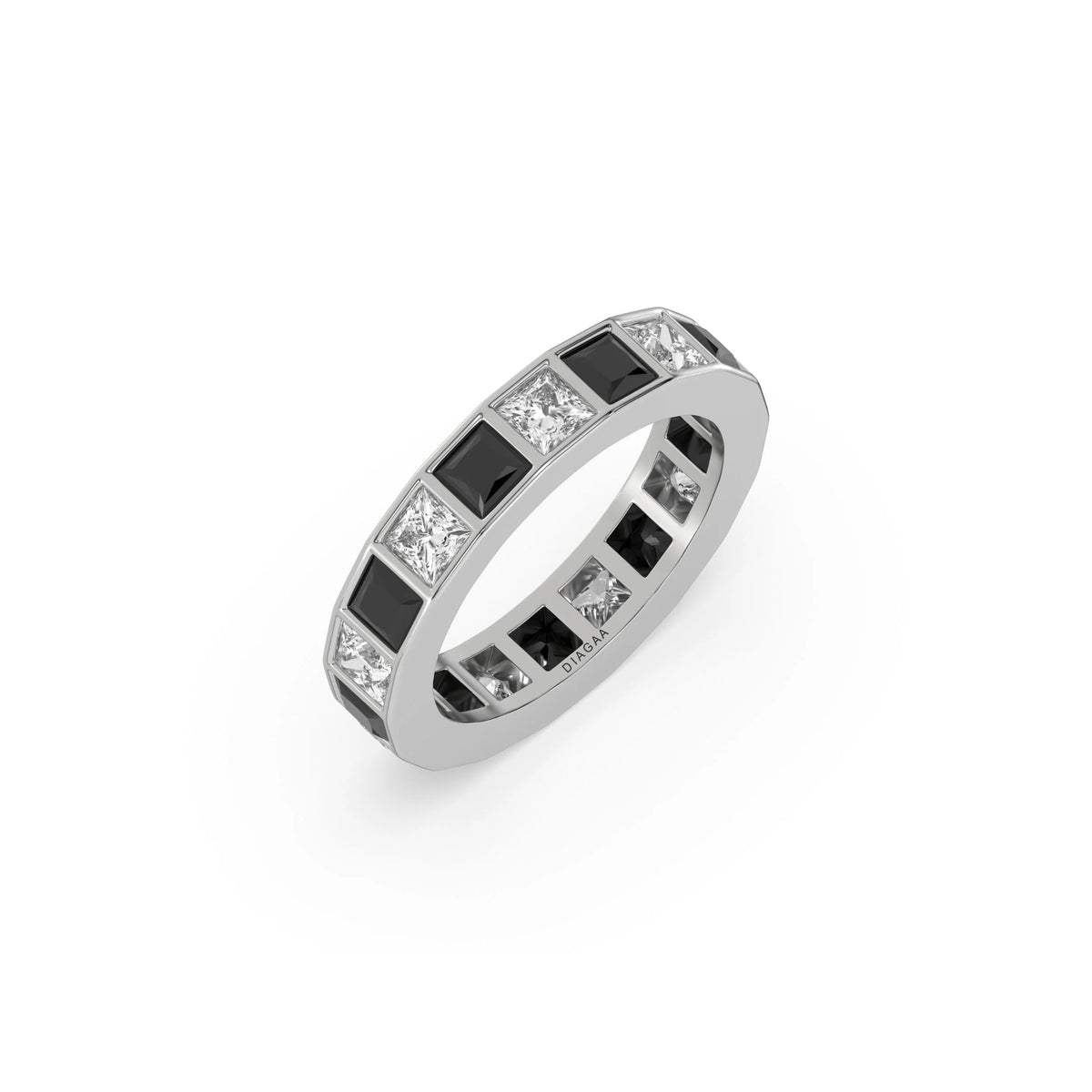 14K White Gold Black And White Princess Diamond Eternity Ring