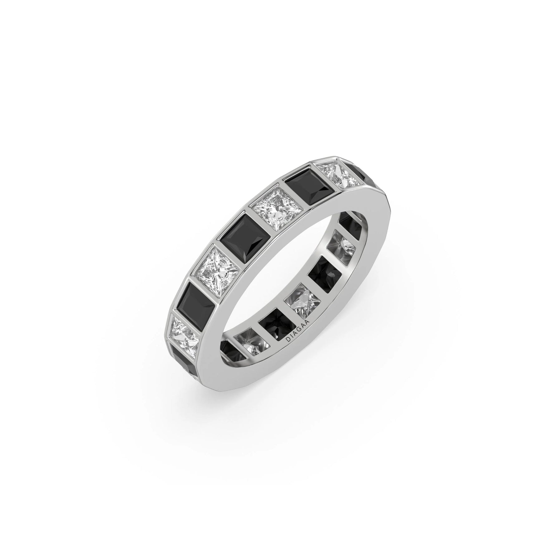 14K White Gold Black And White Princess Diamond Eternity Ring