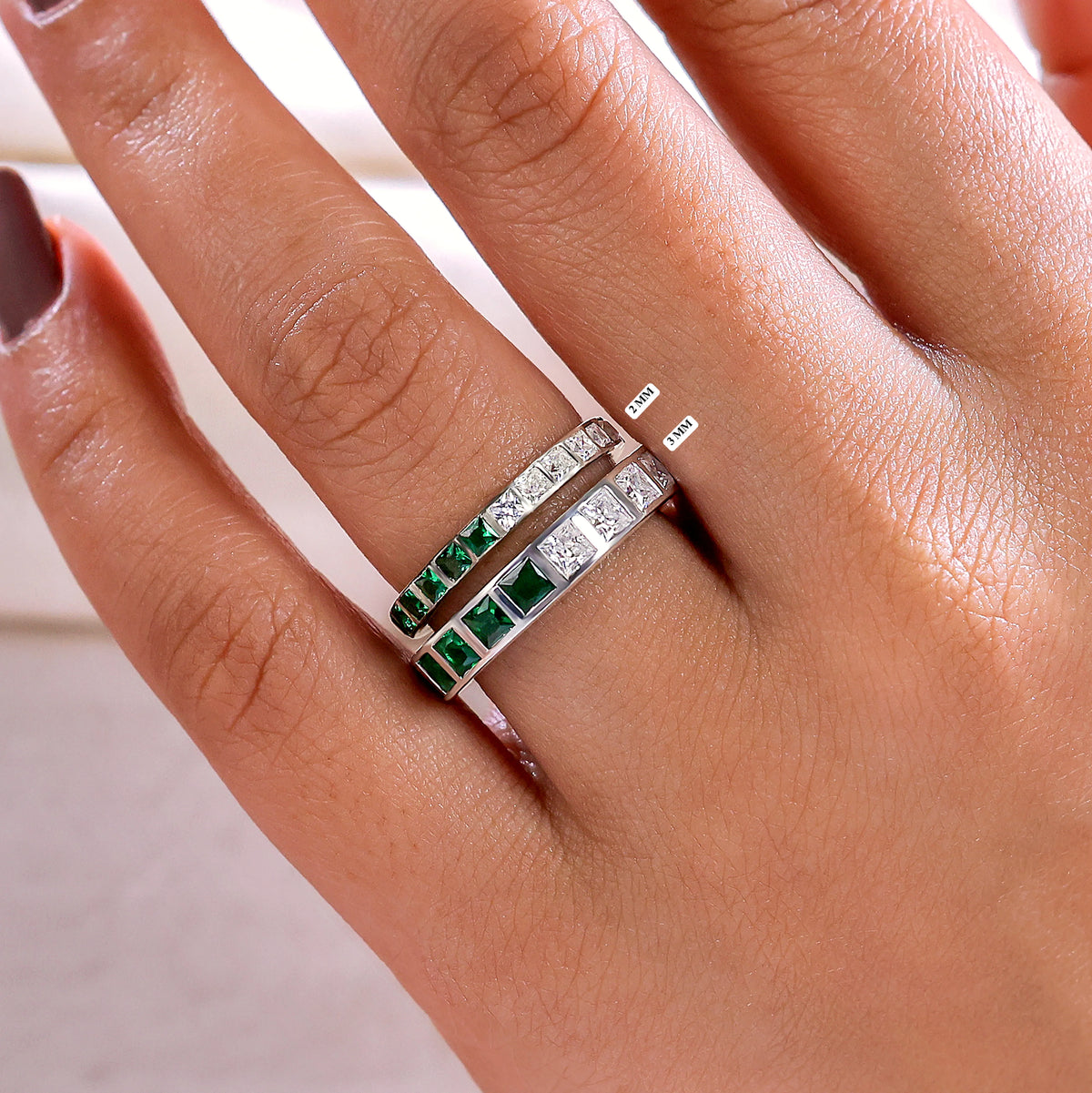 Princess Cut Lab Diamond and Lab Green Emerald Eternity Ring