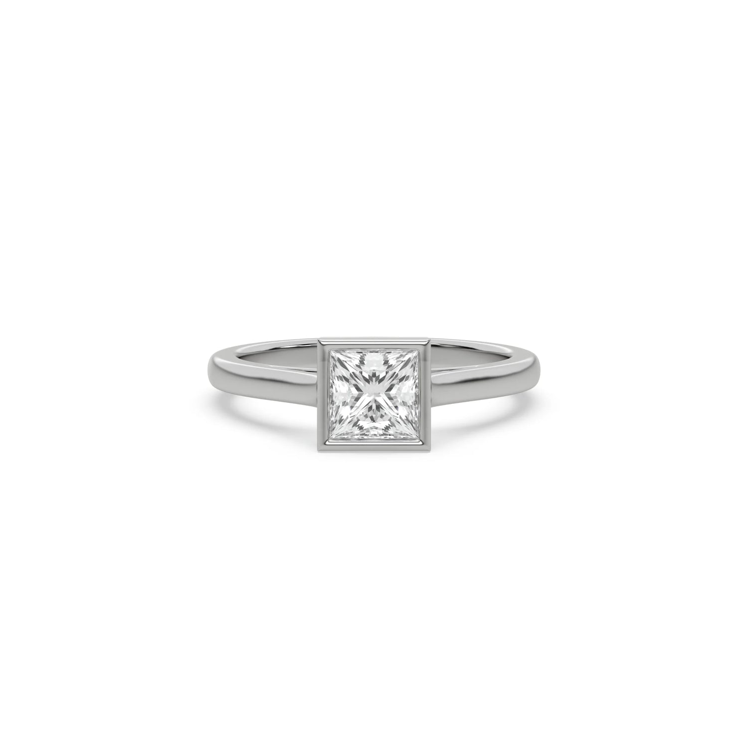 Princess-cut diamond engagement ring in a white gold bezel setting, featuring a polished solitaire band isolated on a clean white background.