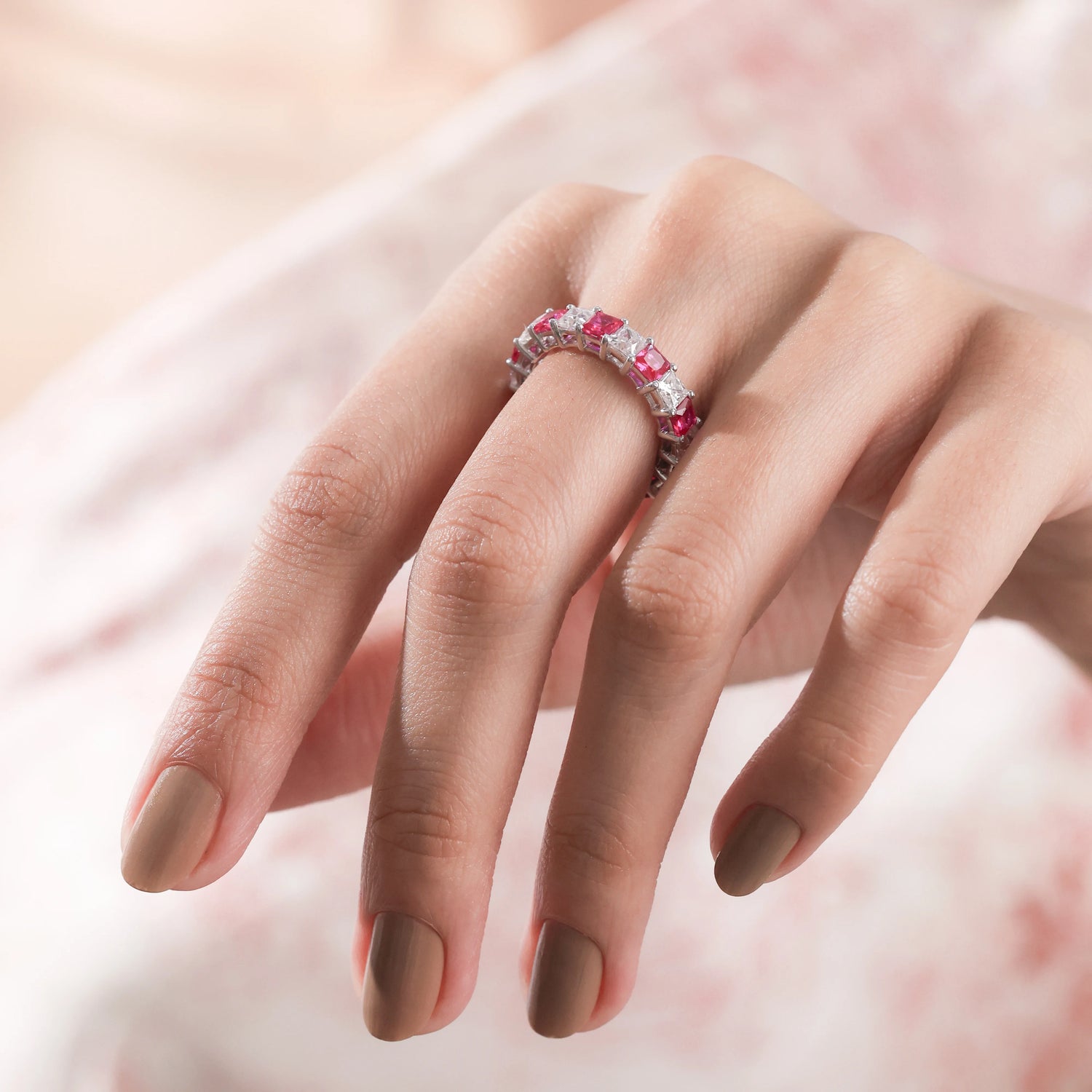 4.18 CT Princess Lab Ruby and Lab Diamond Alternating Full Eternity Ring