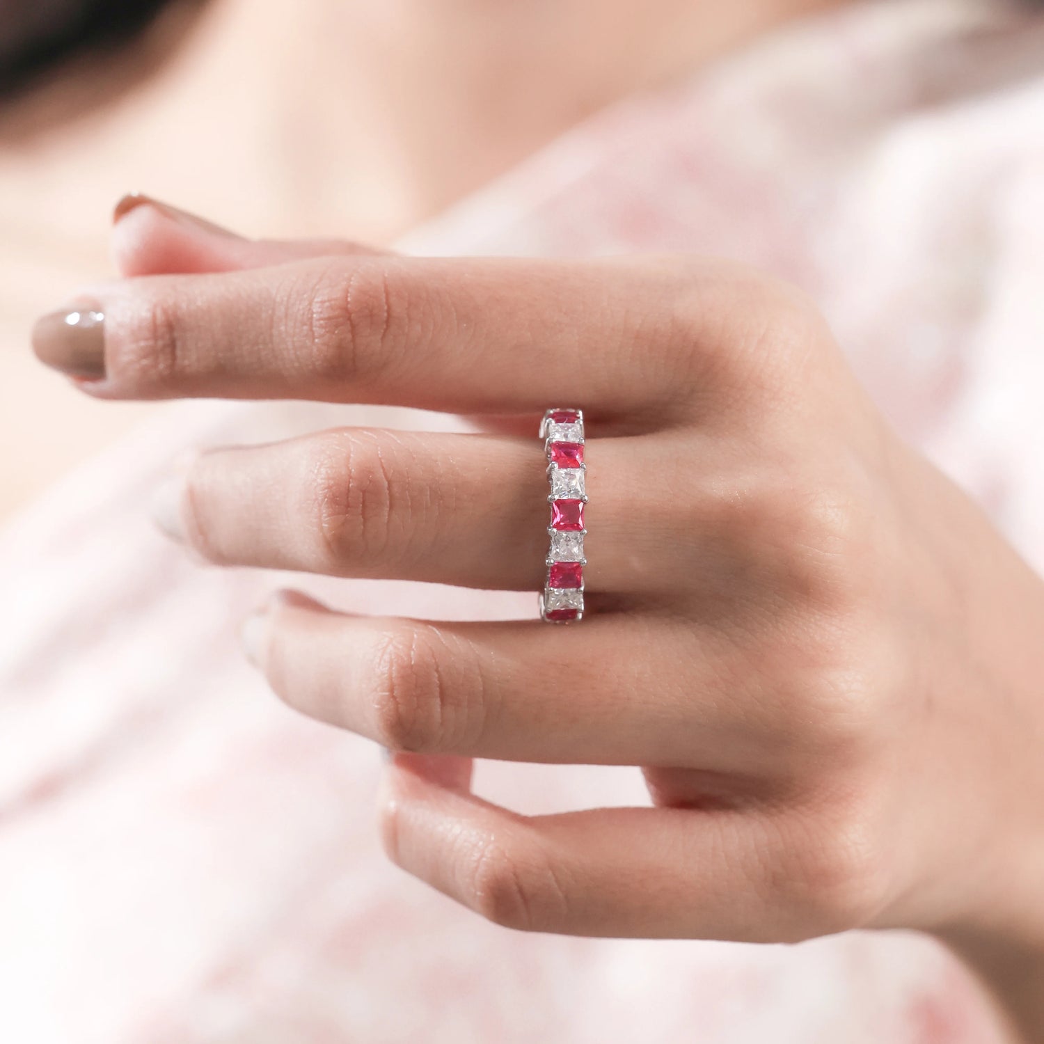 Princess Cut Lab Ruby and Lab Diamond Alternating Full Eternity Ring
